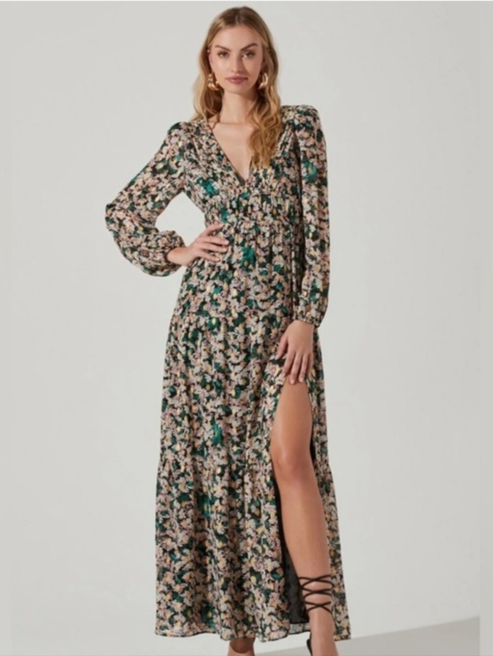 ASTR THE LABEL Floral V-Neck Long Sleeve Maxi Dress in Green and Cream